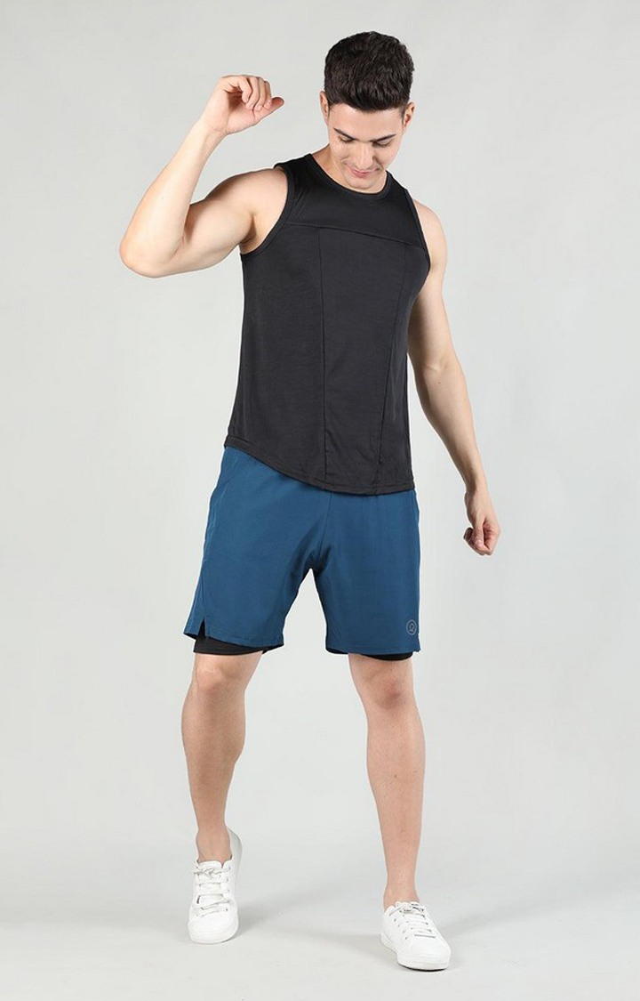 Men's Indigo Blue & Black Solid Polyester Activewear Shorts