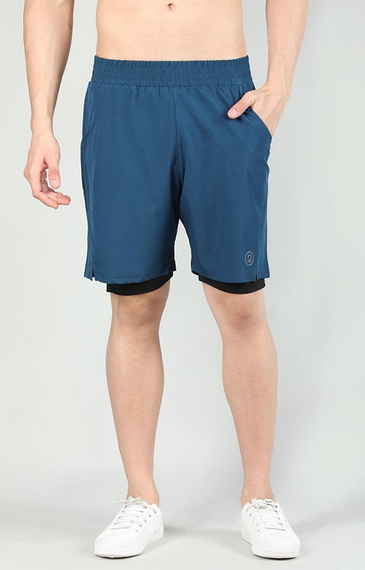 CHKOKKO | Men's Indigo Blue & Black Solid Polyester Activewear Shorts