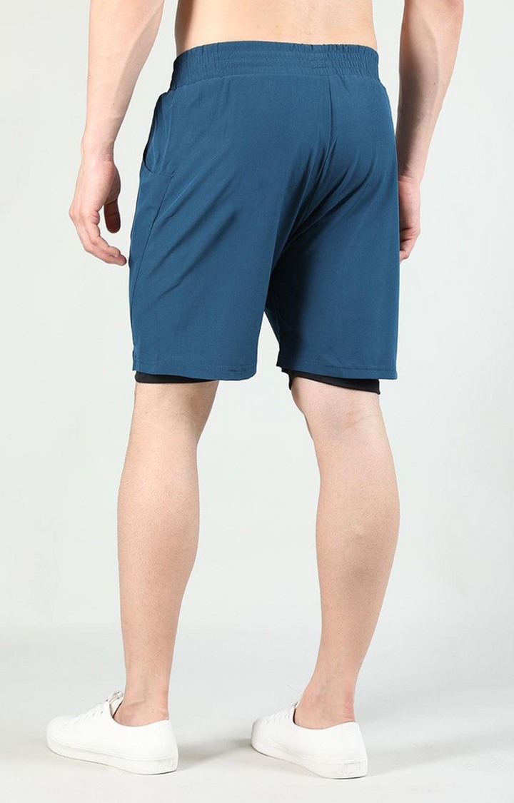 Men's Indigo Blue & Black Solid Polyester Activewear Shorts