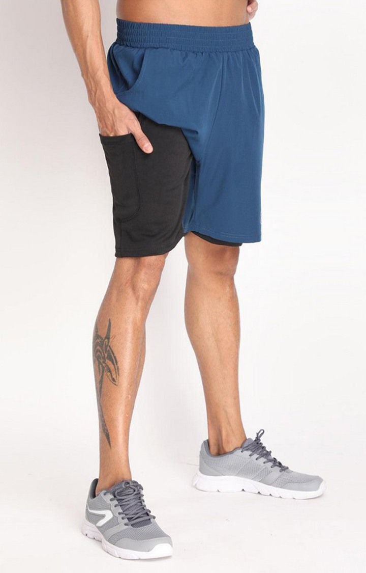 Men's Indigo Blue & Black Solid Polyester Activewear Shorts