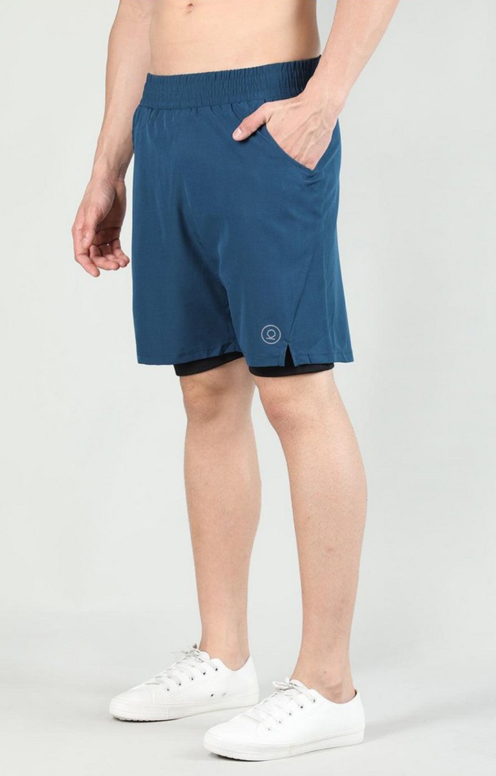 Men's Indigo Blue & Black Solid Polyester Activewear Shorts