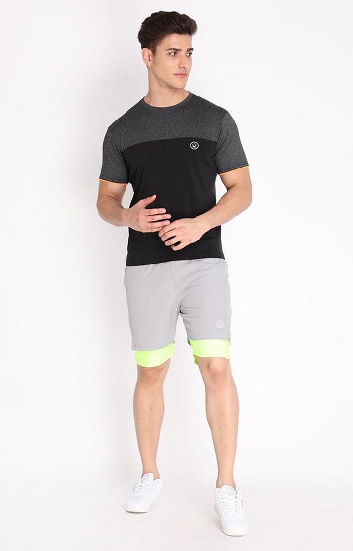 Men's Grey & Green Neon Solid Polyester Activewear Shorts