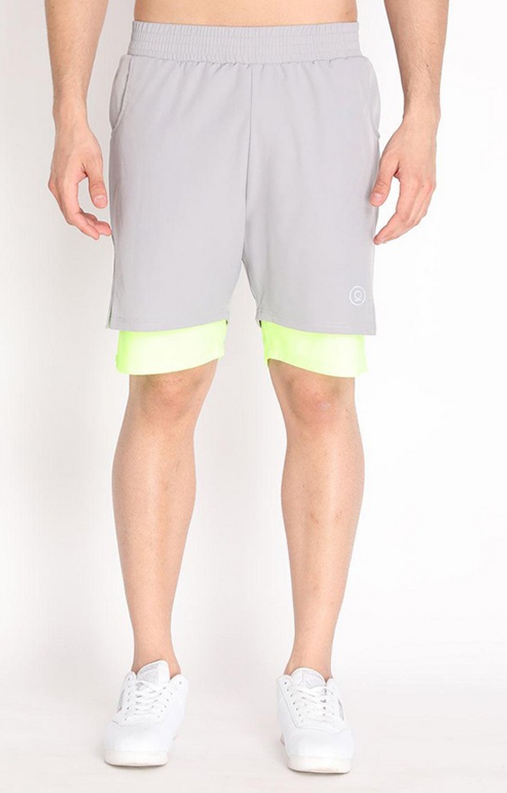 CHKOKKO | Men's Grey & Green Neon Solid Polyester Activewear Shorts