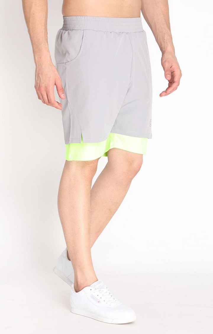 Men's Grey & Green Neon Solid Polyester Activewear Shorts