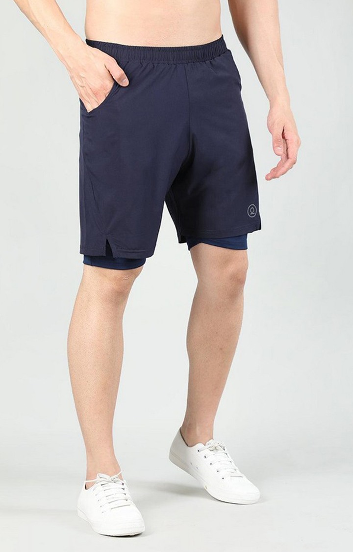 Men's Navy Blue Solid Polyester Activewear Shorts
