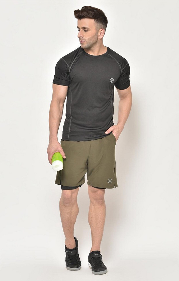 Men's Olive Green & Black Solid Polyester Activewear Shorts