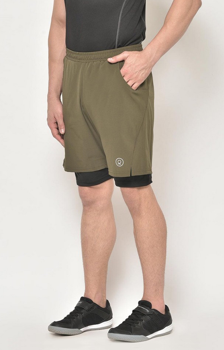Men's Olive Green & Black Solid Polyester Activewear Shorts