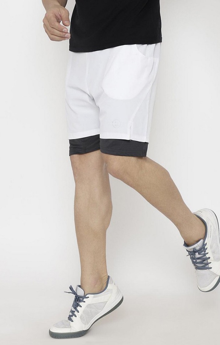 Men's White & Black Solid Polyester Activewear Shorts