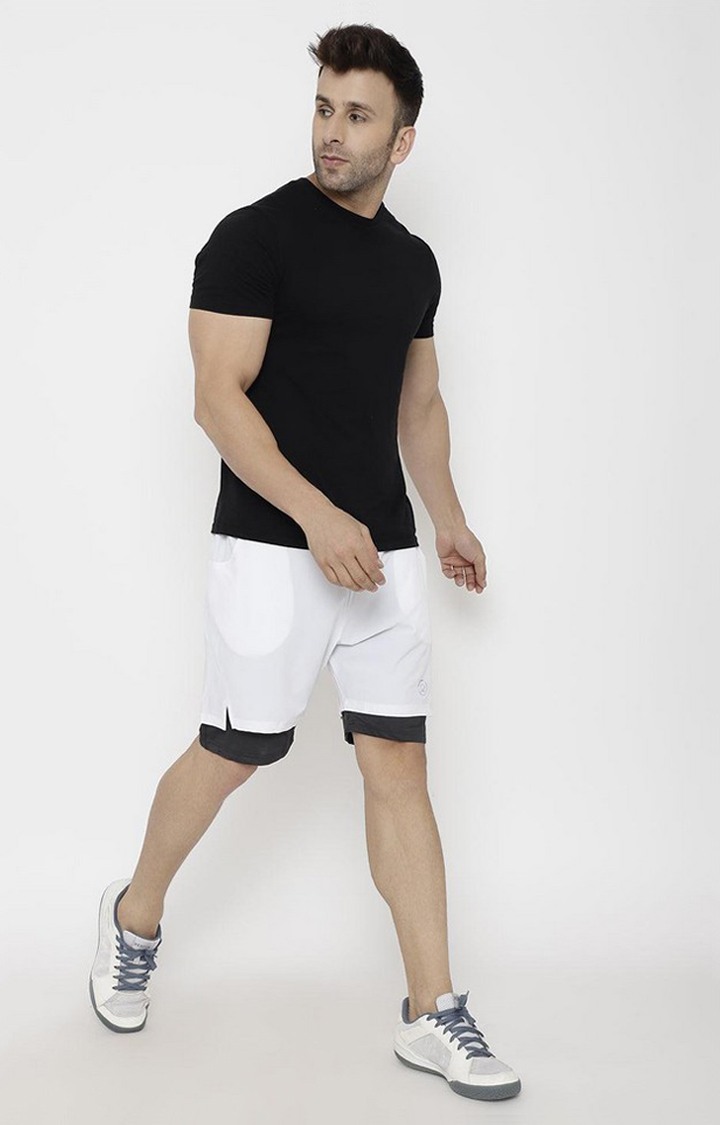 Men's White & Black Solid Polyester Activewear Shorts