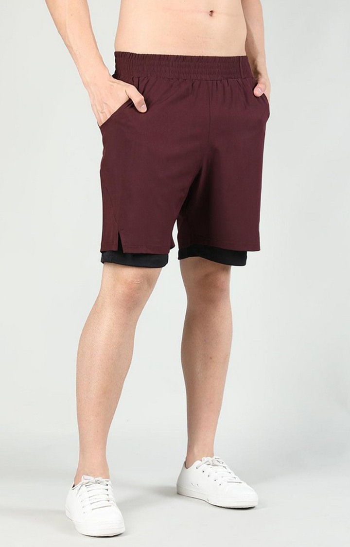 Men's Wine Red & Black Solid Polyester Activewear Shorts