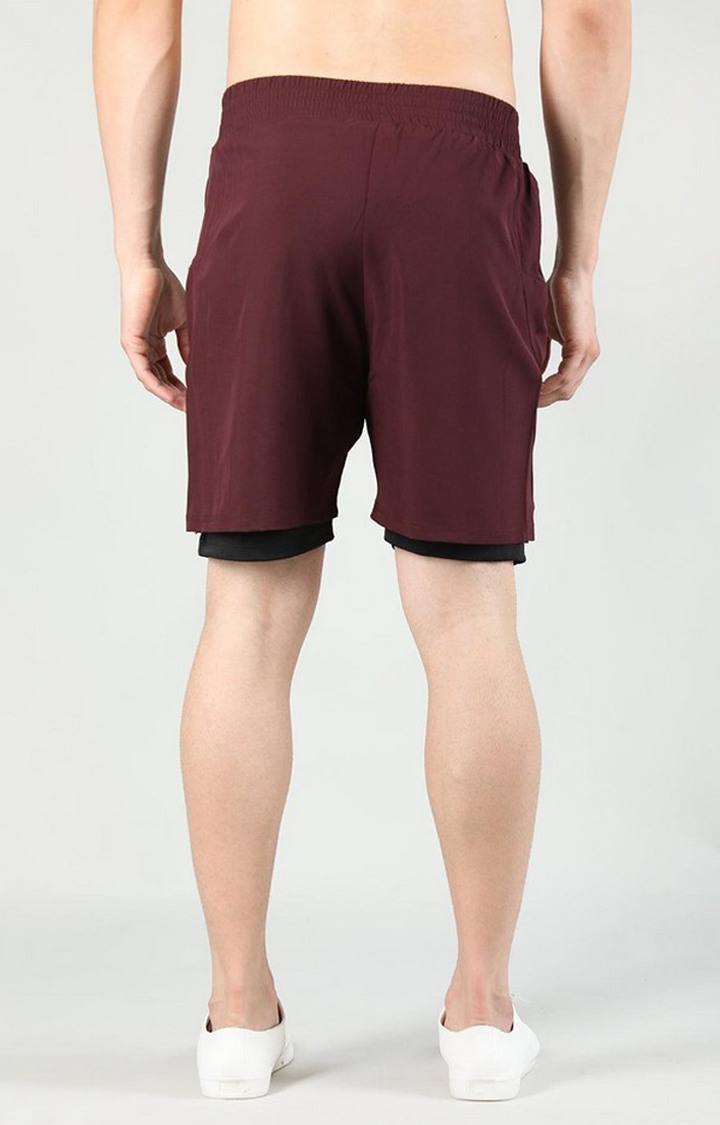 Men's Wine Red & Black Solid Polyester Activewear Shorts