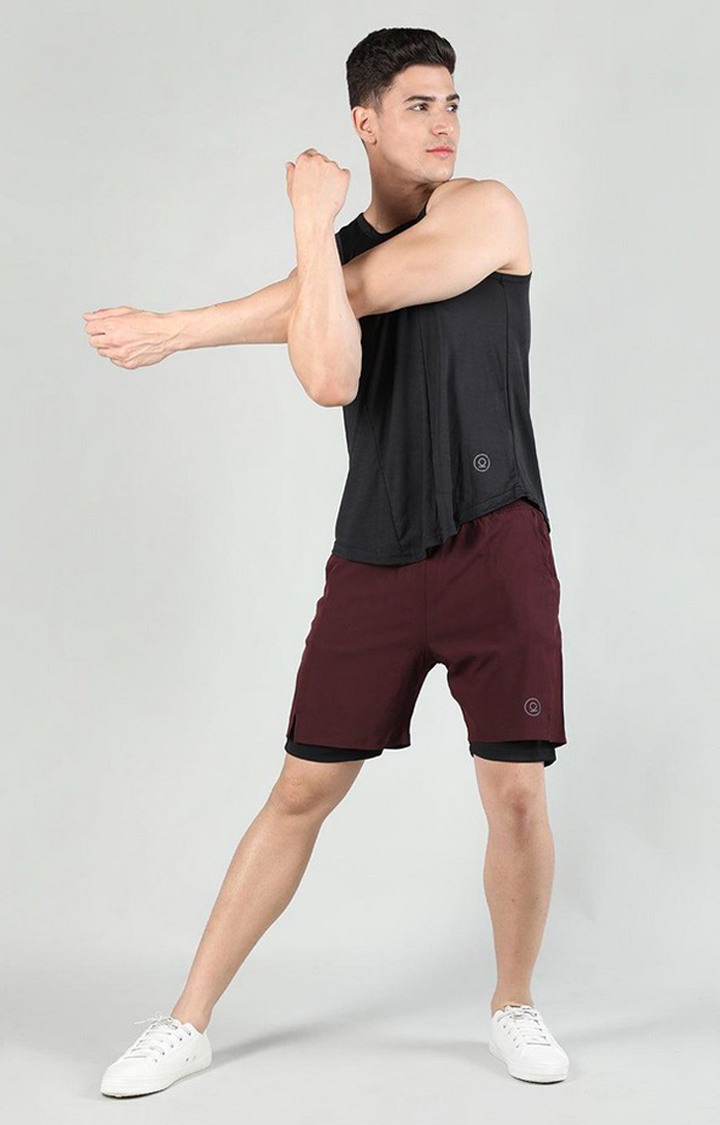 Men's Wine Red & Black Solid Polyester Activewear Shorts