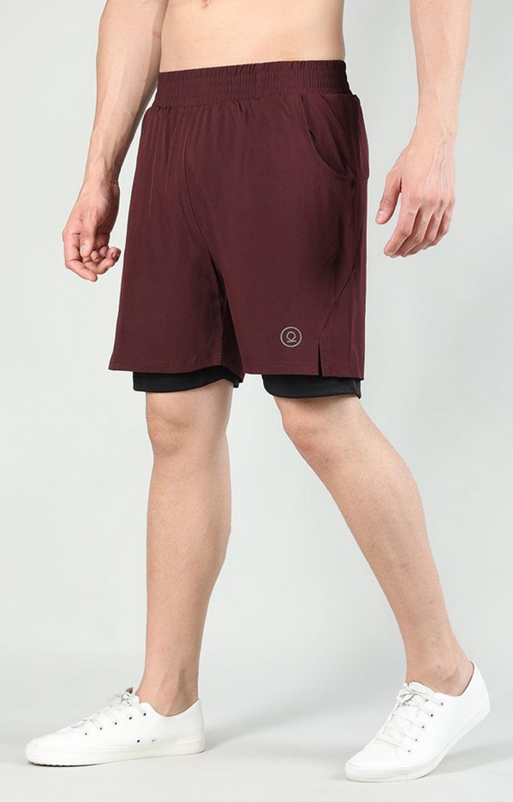 Men's Wine Red & Black Solid Polyester Activewear Shorts