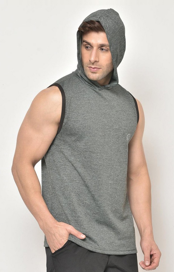 Men's Grey Melange Textured Polyester Hoodie