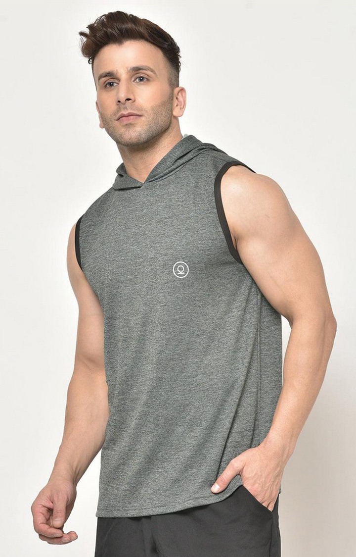 Men's Grey Melange Textured Polyester Hoodie