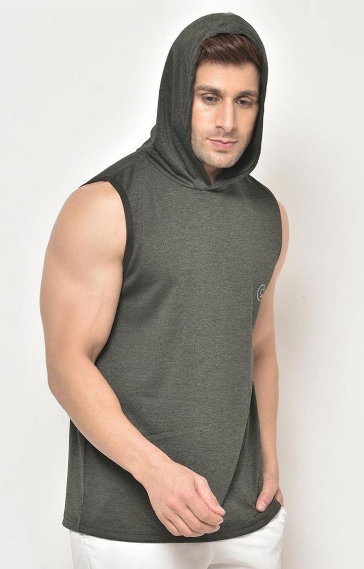 Men's Olive Green Melange Textured Polyester Hoodie