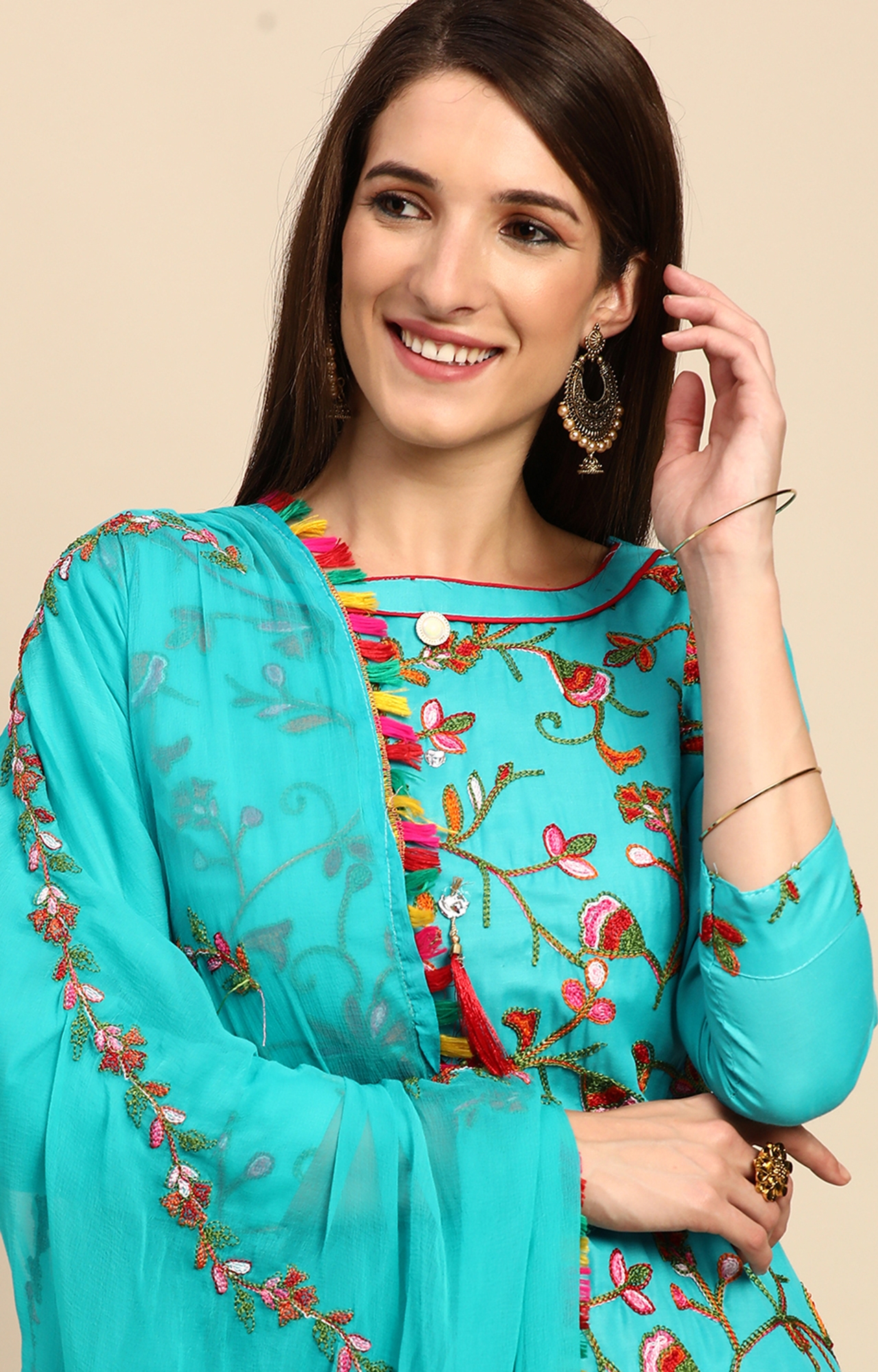 SHAILY RETAILS | Shaily Women Sea Green Color Cotton Embroidered With Tessels Unstitched Dress Material-VF_LILY_SGRN_DM 3