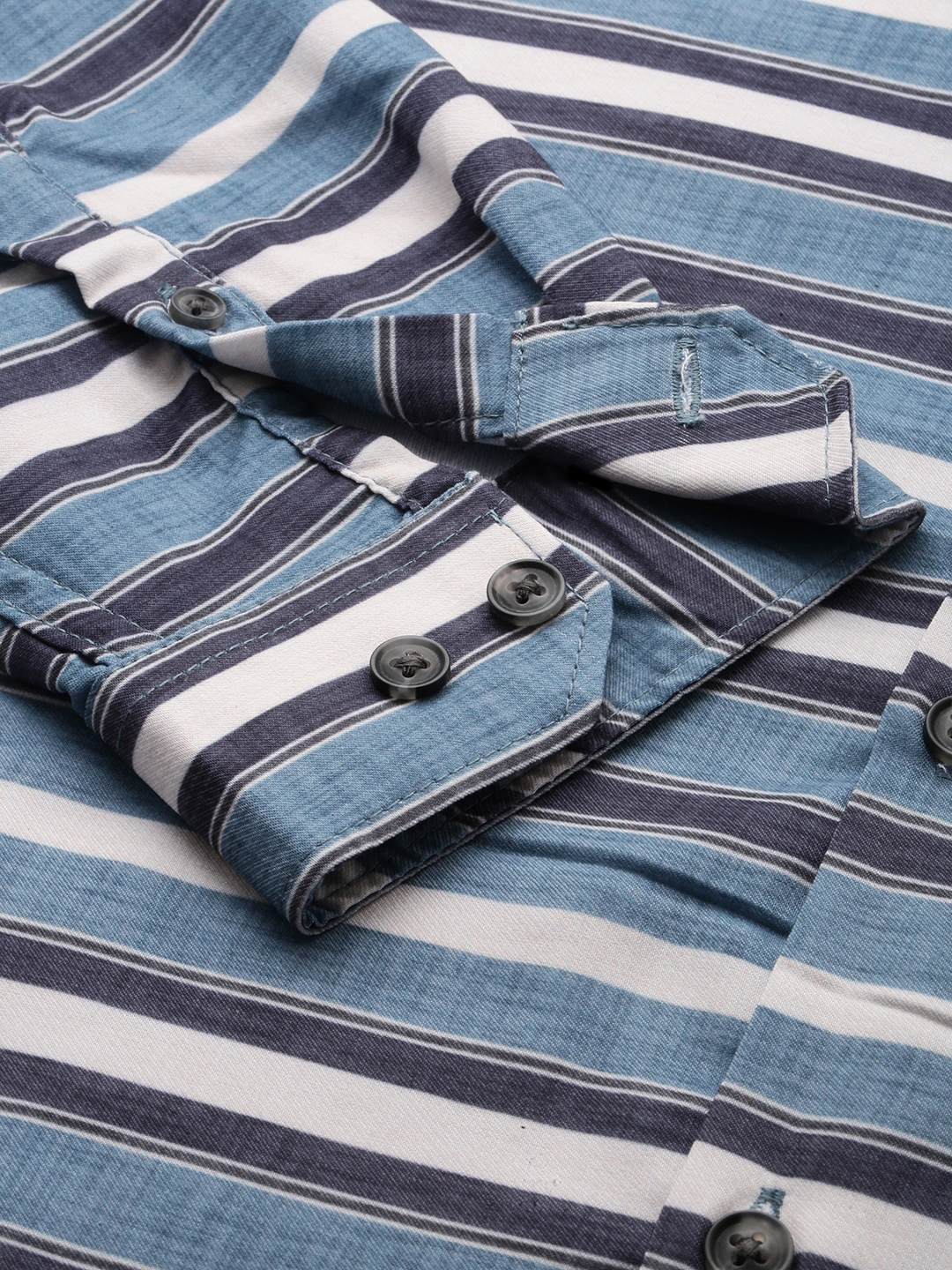 Showoff | SHOWOFF Men's Spread Collar Long Sleeves Striped Blue Shirt 6