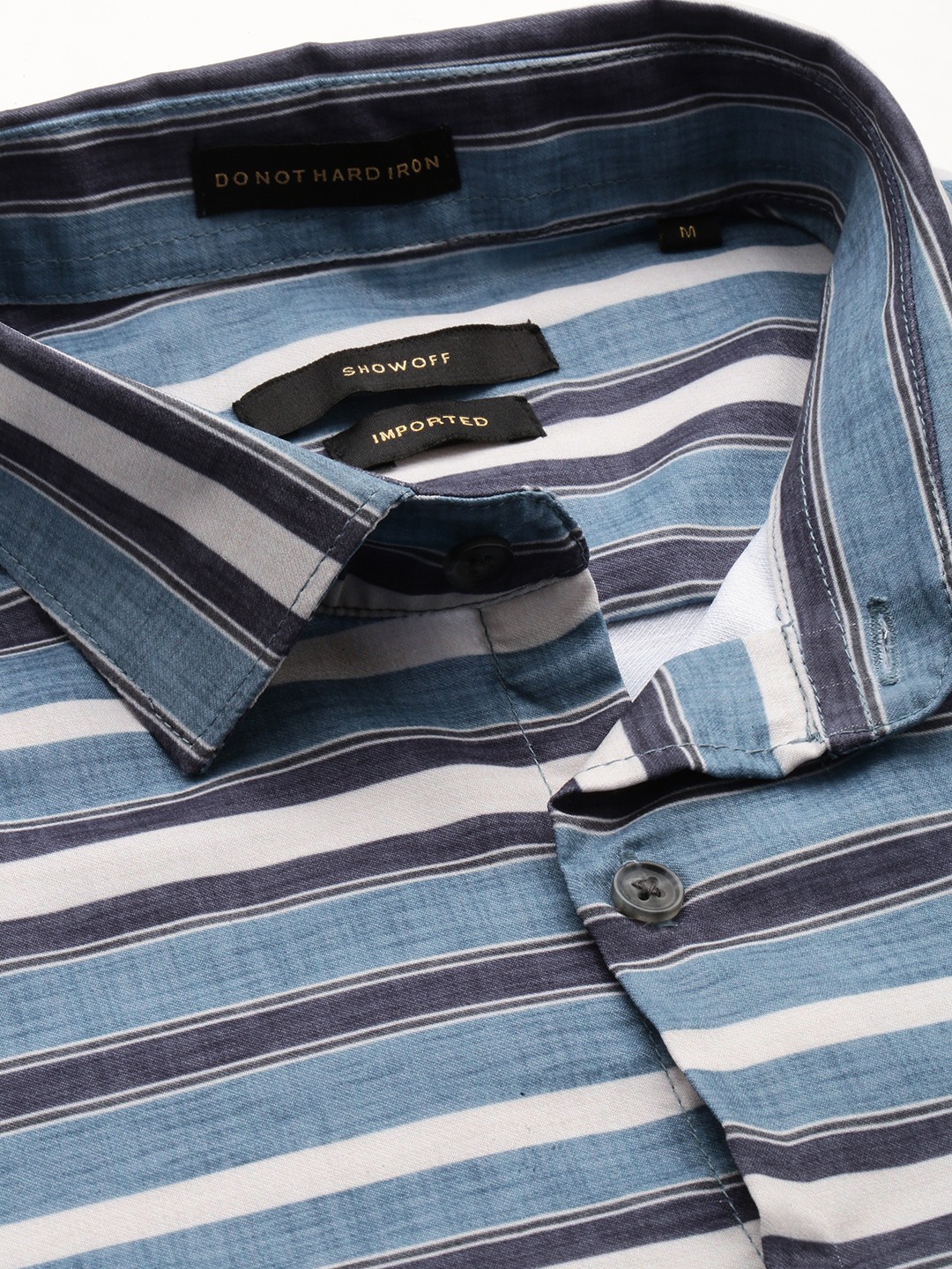 Showoff | SHOWOFF Men's Spread Collar Long Sleeves Striped Blue Shirt 5