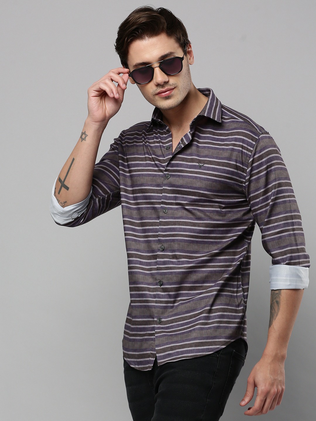 SHOWOFF Men's Spread Collar Long Sleeves Striped Grey Shirt