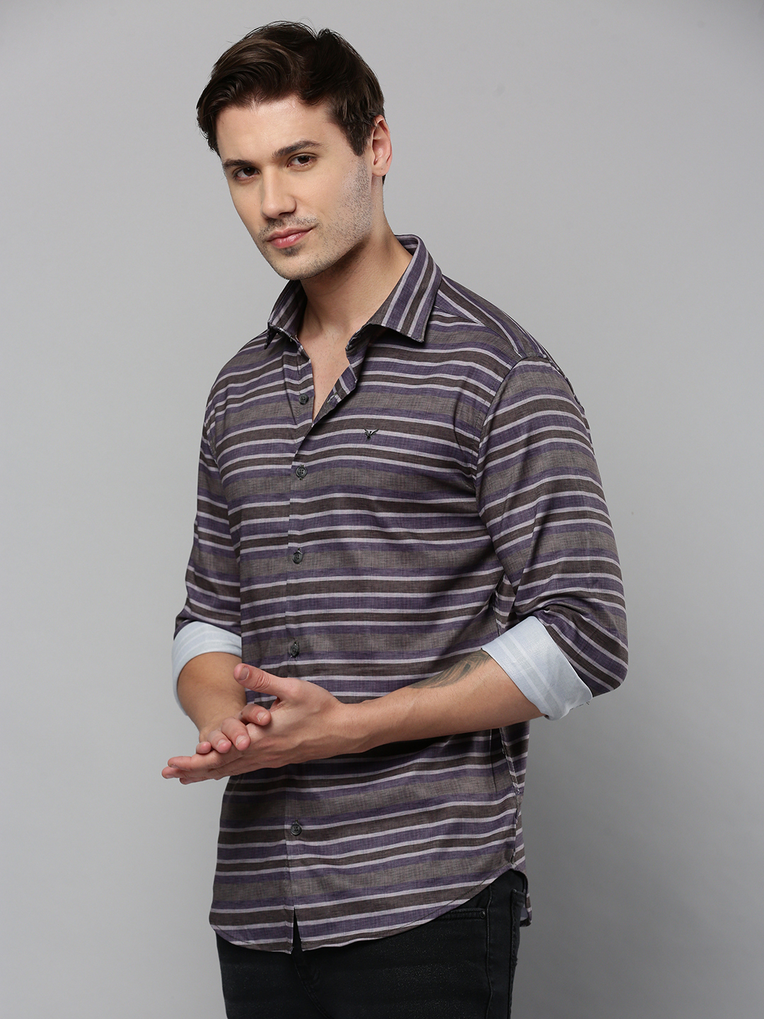 SHOWOFF Men's Spread Collar Long Sleeves Striped Grey Shirt