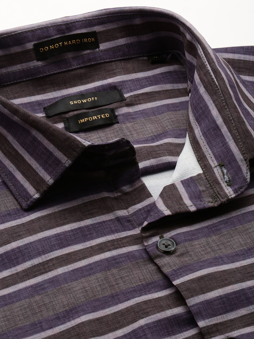 SHOWOFF Men's Spread Collar Long Sleeves Striped Grey Shirt