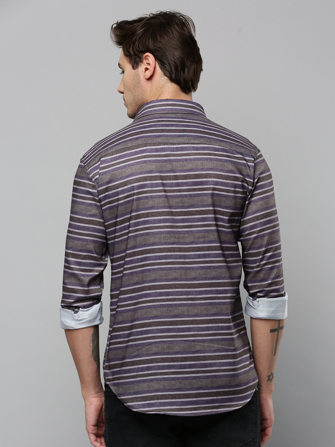 SHOWOFF Men's Spread Collar Long Sleeves Striped Grey Shirt