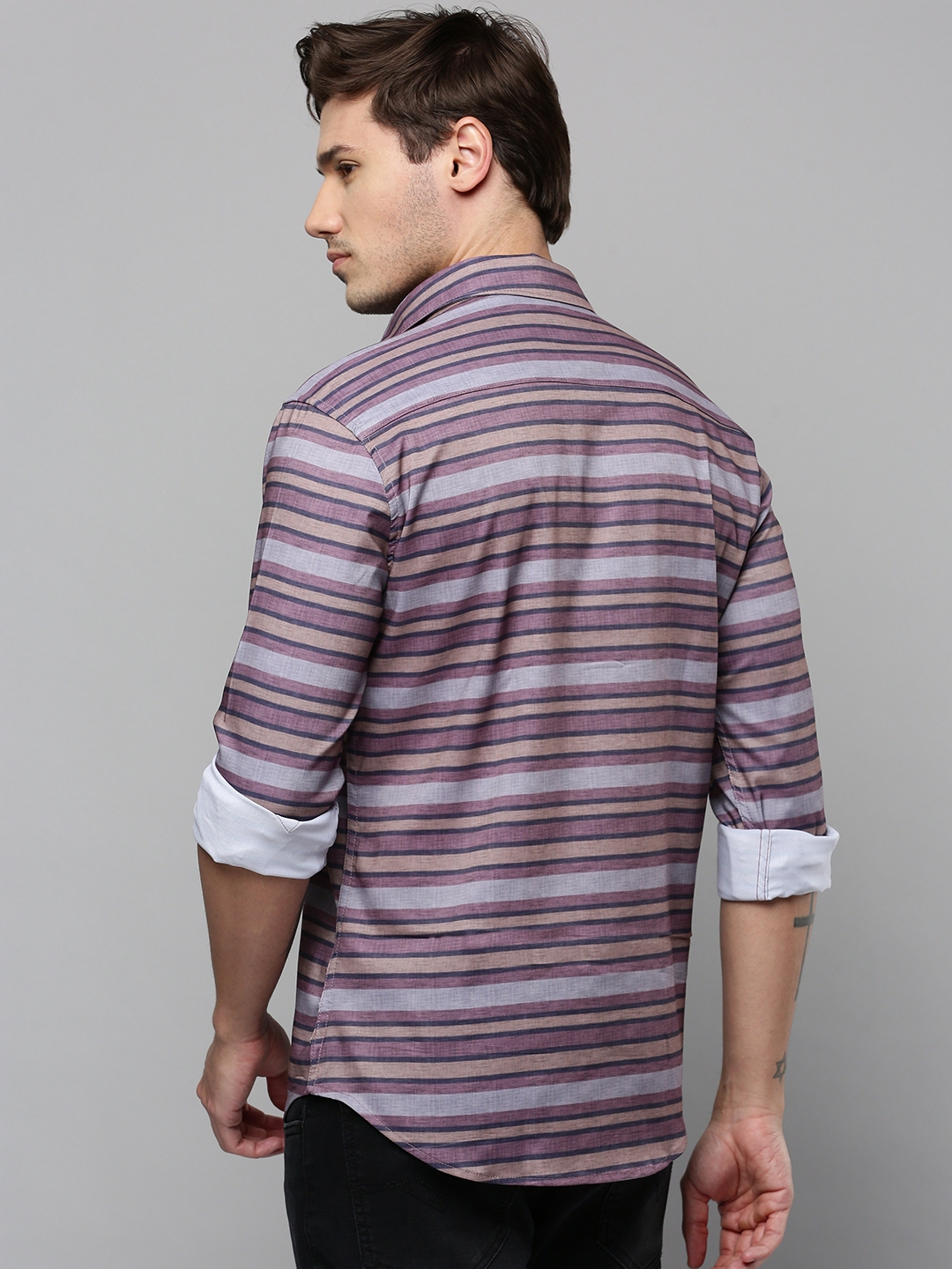 Showoff | SHOWOFF Men's Spread Collar Long Sleeves Striped Multi Shirt 3