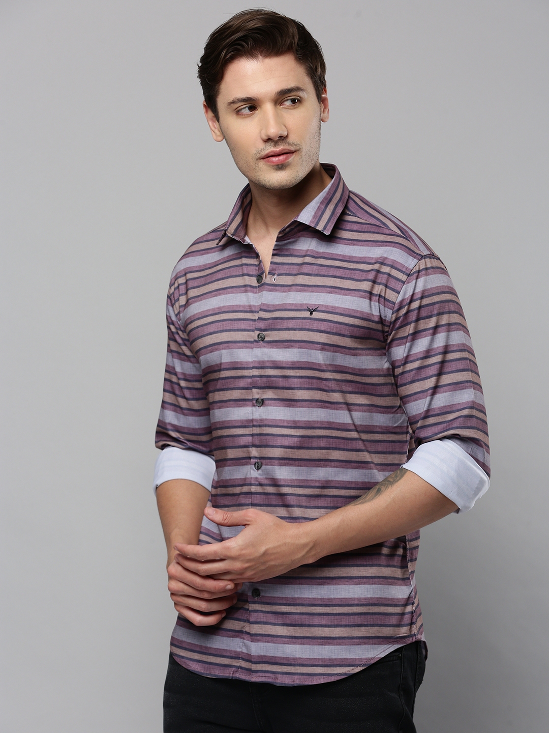 Showoff | SHOWOFF Men's Spread Collar Long Sleeves Striped Multi Shirt 2