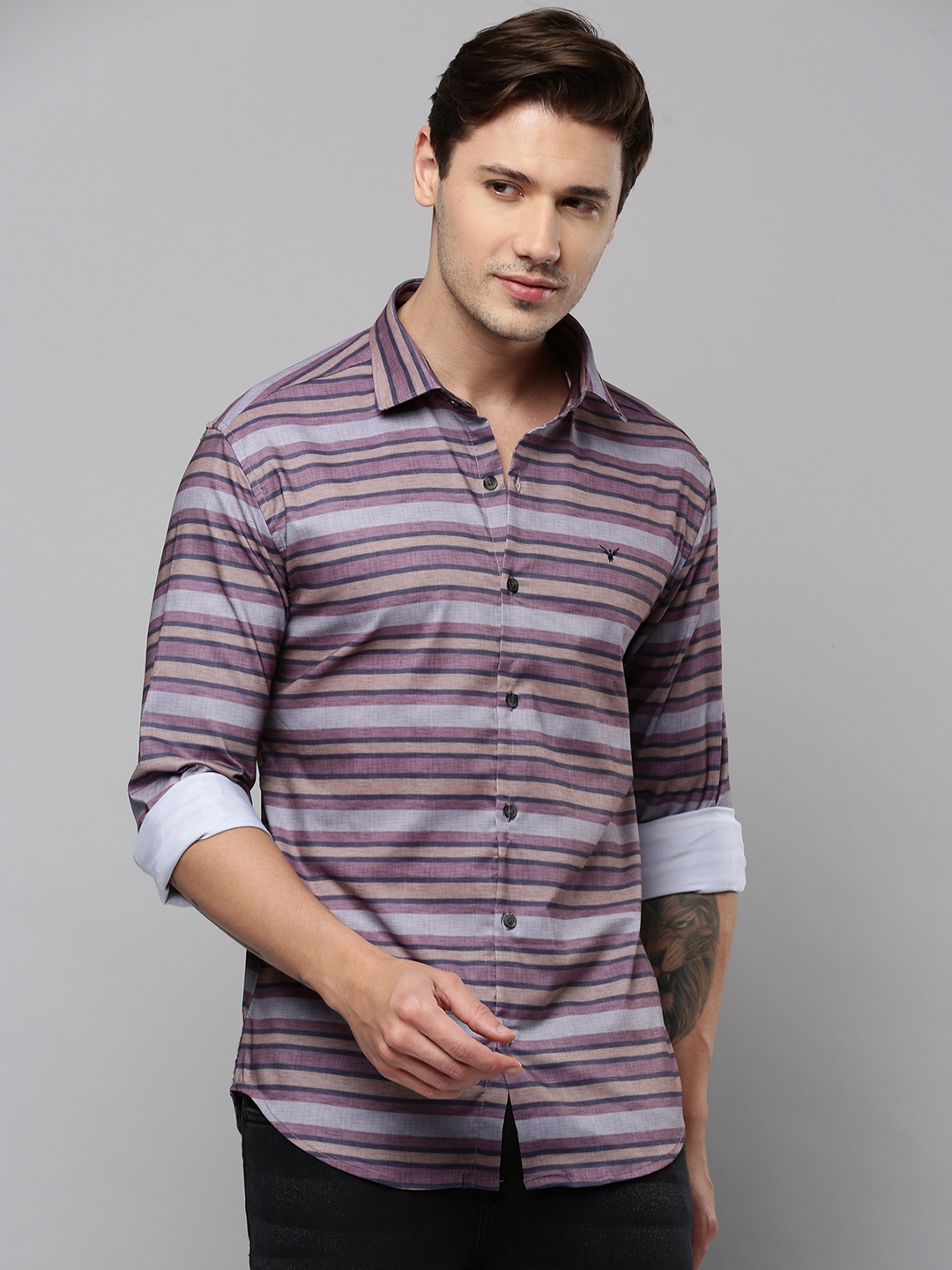 Showoff | SHOWOFF Men's Spread Collar Long Sleeves Striped Multi Shirt 1