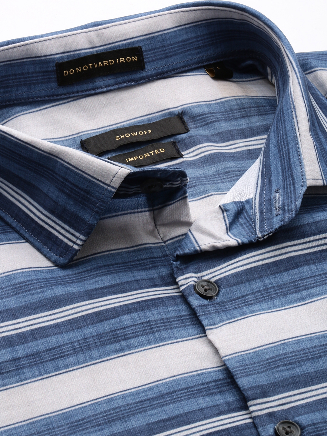 Showoff | SHOWOFF Men's Spread Collar Long Sleeves Striped Blue Shirt 5