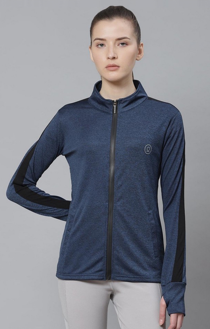 Women's Navy Blue Solid Polyester Activewear Jackets
