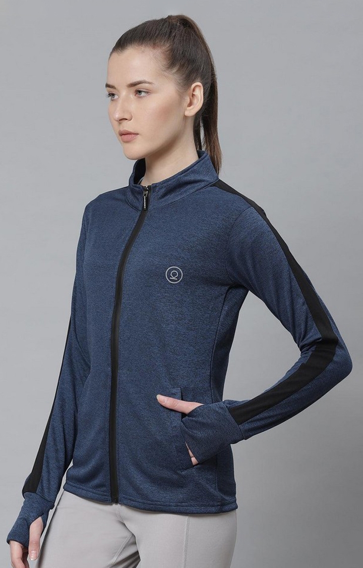 CHKOKKO | Women's Navy Blue Solid Polyester Activewear Jackets