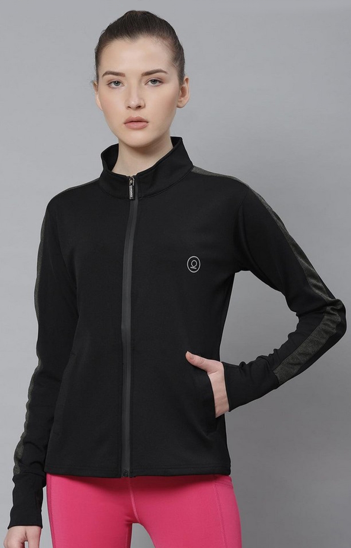 CHKOKKO | Women's Black Solid Polyester Activewear Jackets