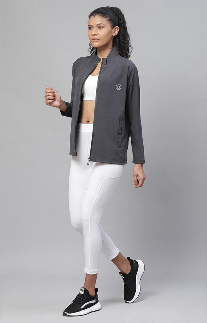Women's Grey Solid Polyester Activewear Jackets