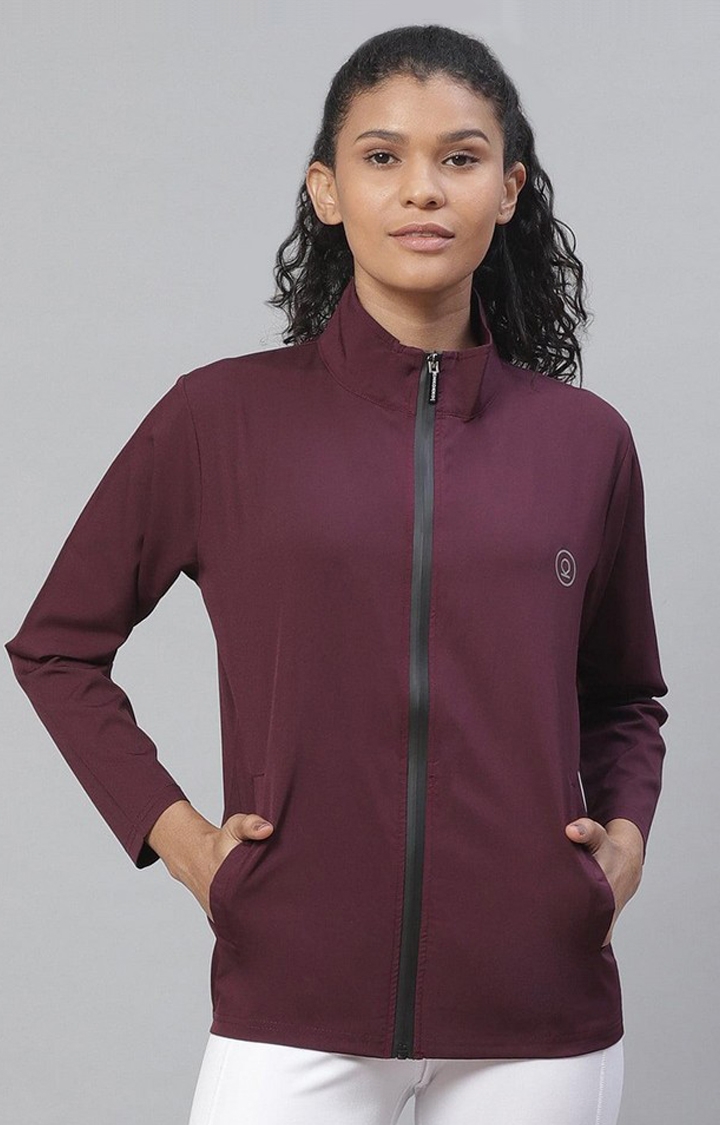 Women's Maroon Solid Polyester Activewear Jackets