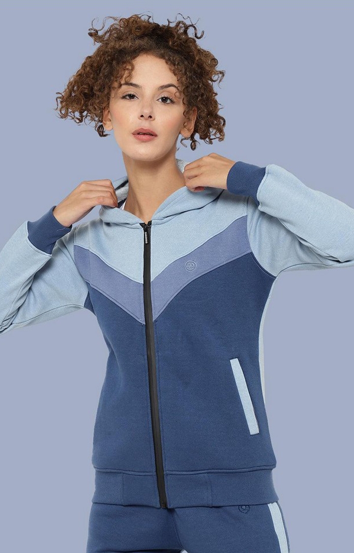 Women's Blue Colorblocked Cotton Activewear Jackets