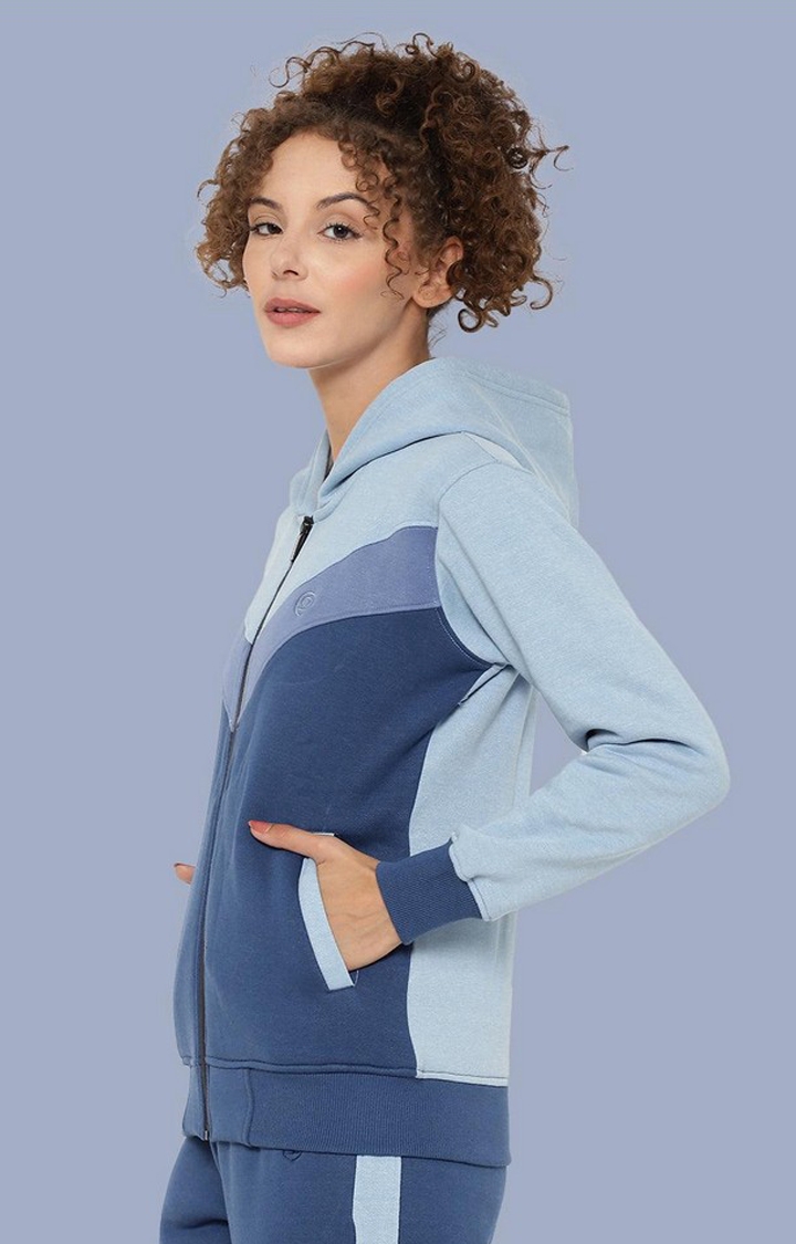 Women's Blue Colorblocked Cotton Activewear Jackets