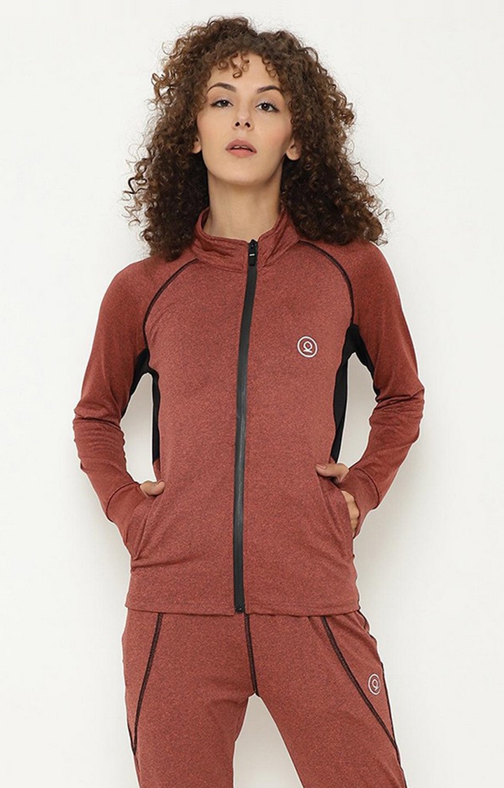 Women's Rust Brown Solid Polyester Activewear Jackets