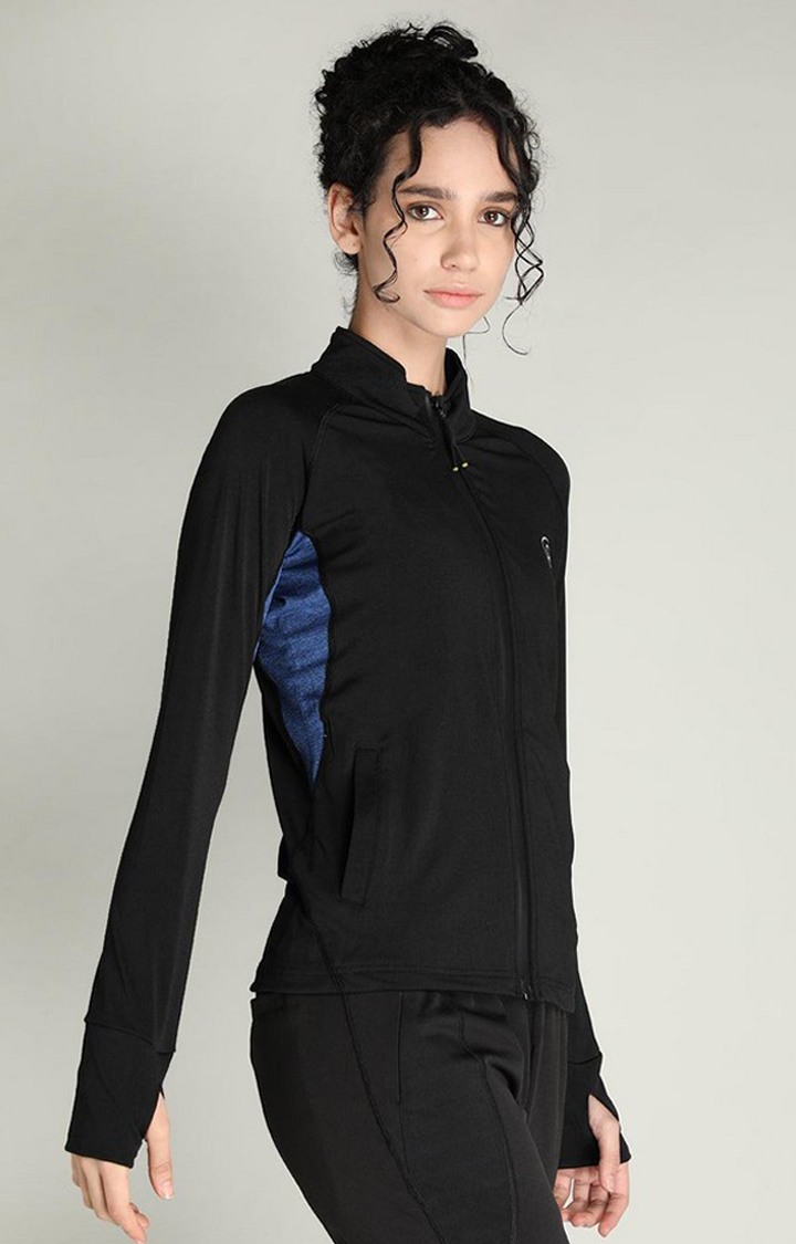 Women's Black Solid Polyester Activewear Jackets