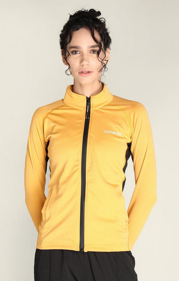 Women's Yellow Solid Polyester Activewear Jackets