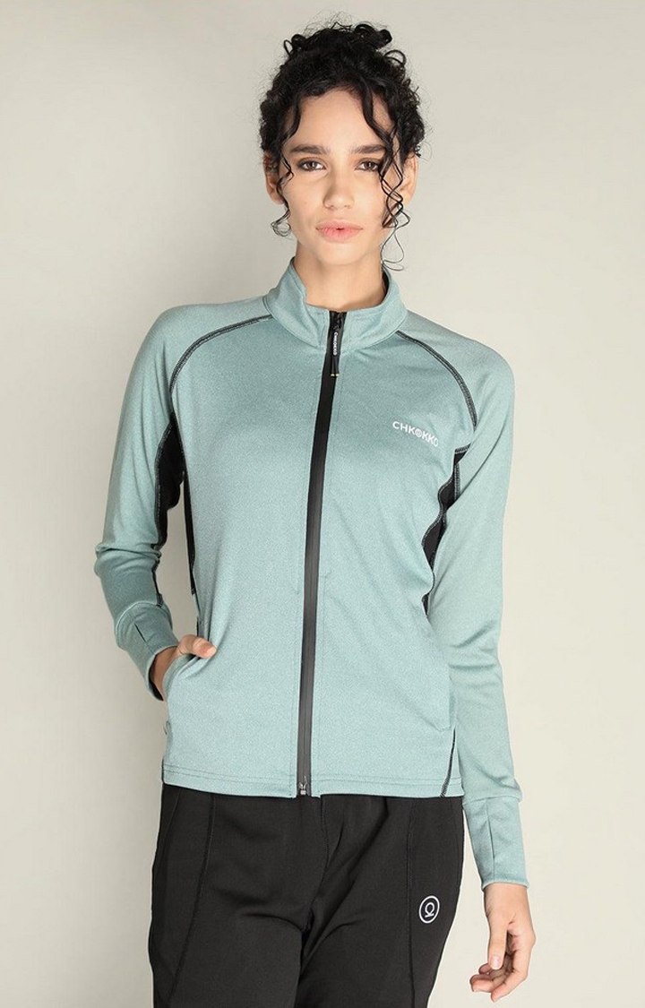 Women's Green Solid Polyester Activewear Jackets