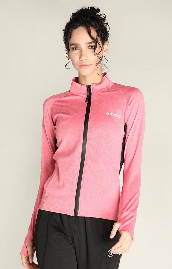 CHKOKKO | Women's Pink Solid Polyester Activewear Jackets
