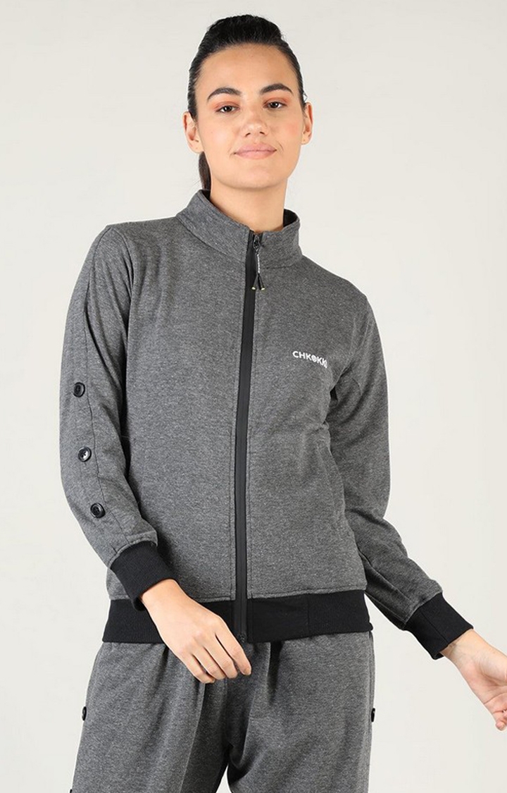 CHKOKKO | Women's Grey Melange Cotton Activewear Jackets