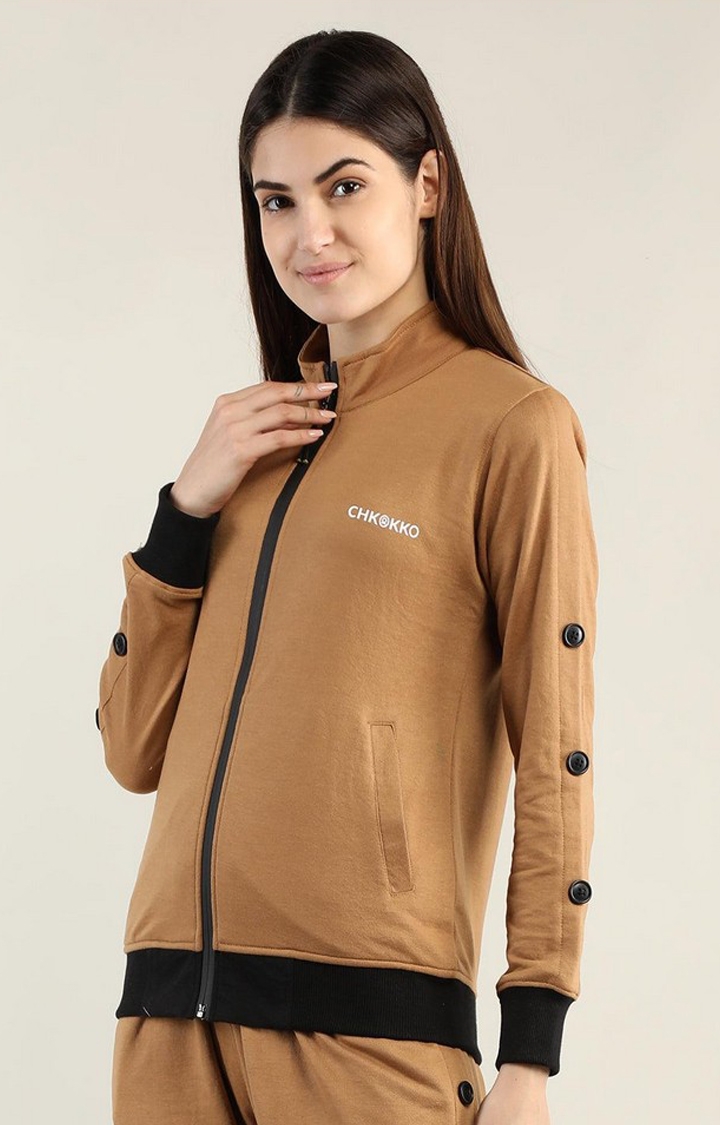 Women's Brown Solid Cotton Activewear Jackets