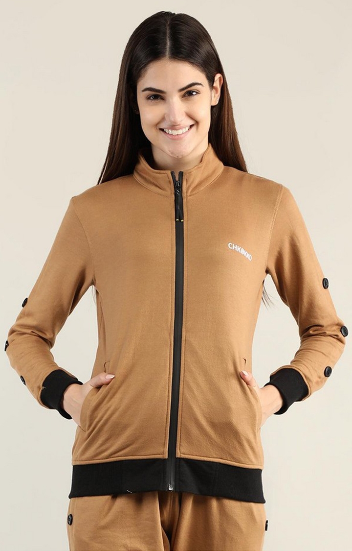 Women's Brown Solid Cotton Activewear Jackets