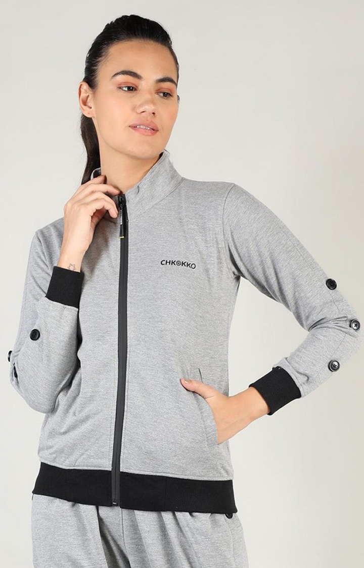 CHKOKKO | Women's Grey Solid Cotton Activewear Jackets