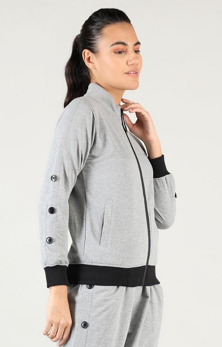 Women's Grey Solid Cotton Activewear Jackets