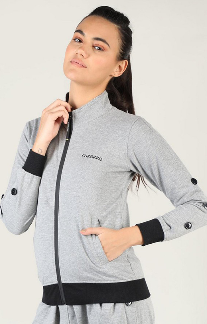 Women's Grey Solid Cotton Activewear Jackets