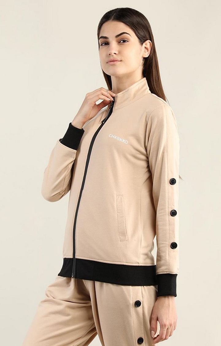 Women's Beige Solid Cotton Activewear Jackets